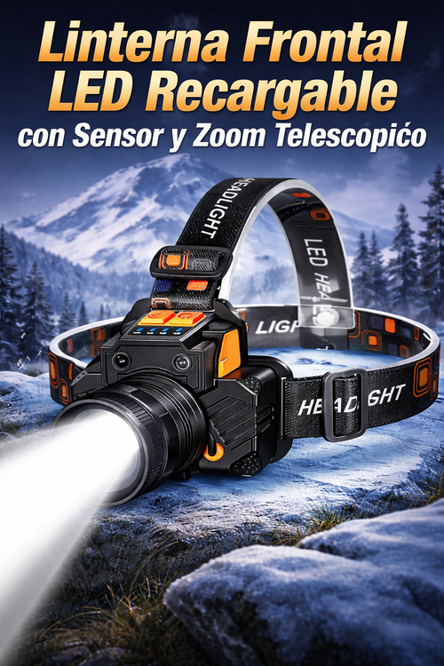 Linterna Frontal LED Recargable con Sensor y Zoom Telescópico