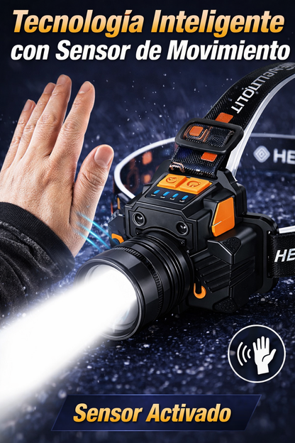 Linterna Frontal LED Recargable con Sensor y Zoom Telescópico