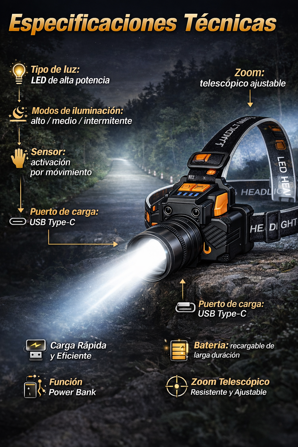 Linterna Frontal LED Recargable con Sensor y Zoom Telescópico
